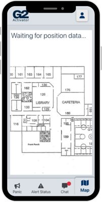 G2 Activator app map showing a panic button location