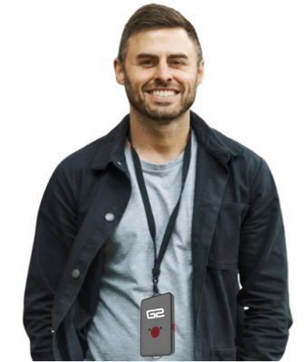 Staff member wearing a G2 Mobile Panic Button on a lanyard