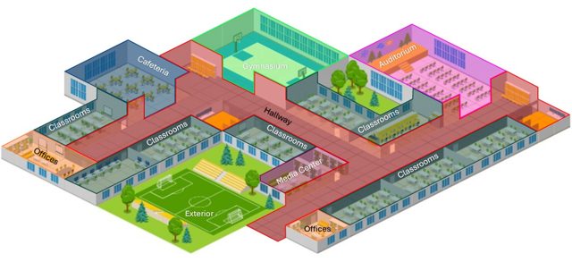 Campus map divided into paging zones