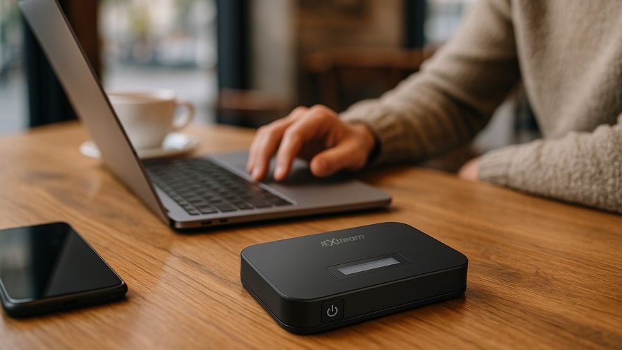 JEXtream RG350 5G RedCap hotspot beside a laptop in a coffee shop