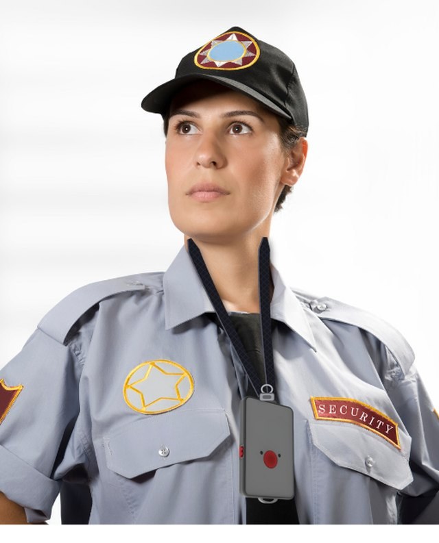 Security officer wearing a lanyard safety button