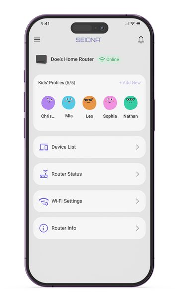 SEIONA app family profiles and router screen
