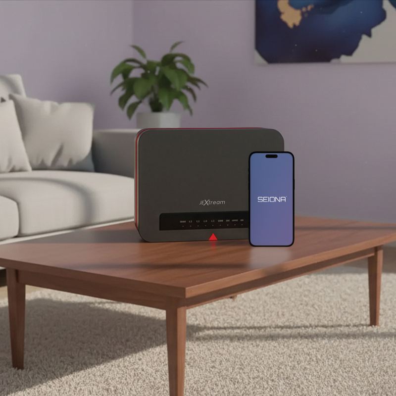 JEXtream FX20 router and SEIONA app in a living room