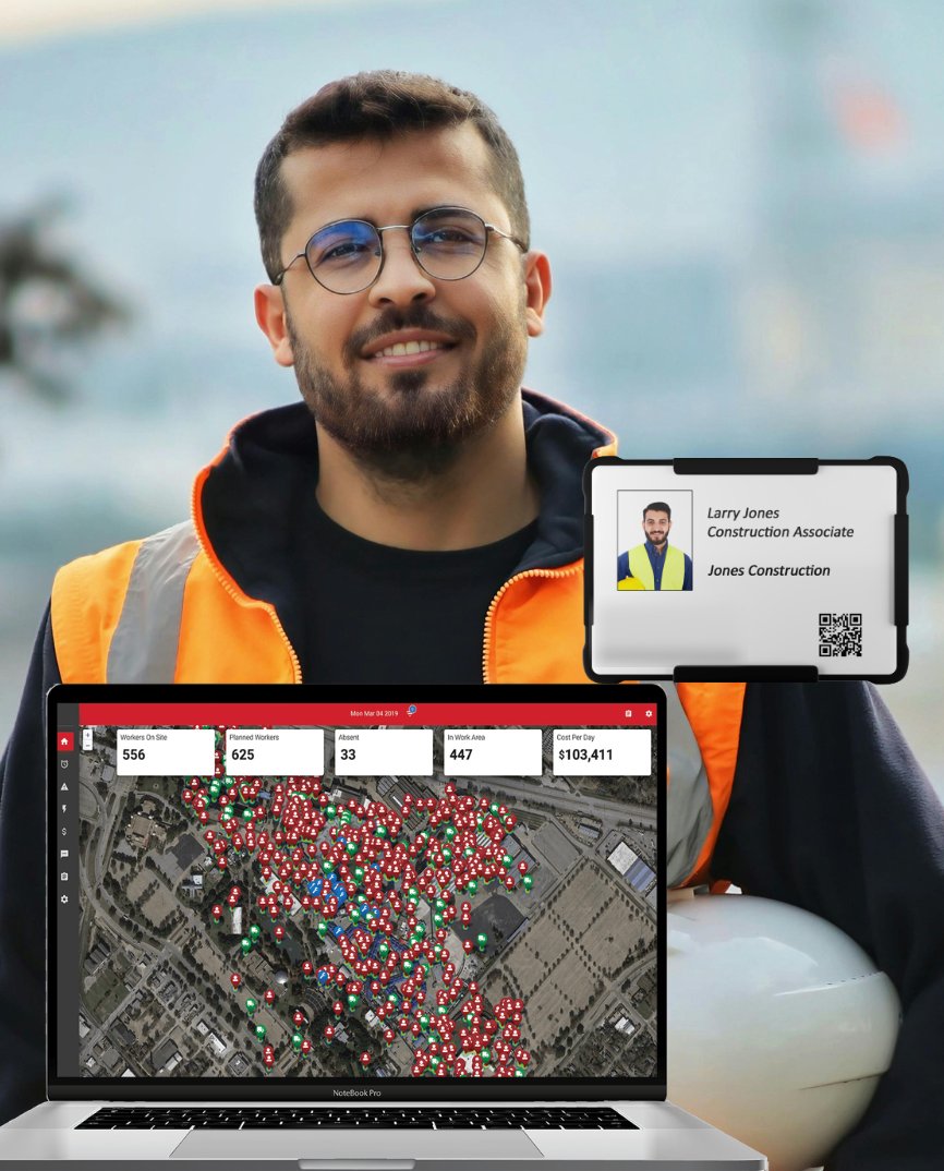Lone worker wearing a safety vest with a wearable badge safety device and a live worker location dashboard